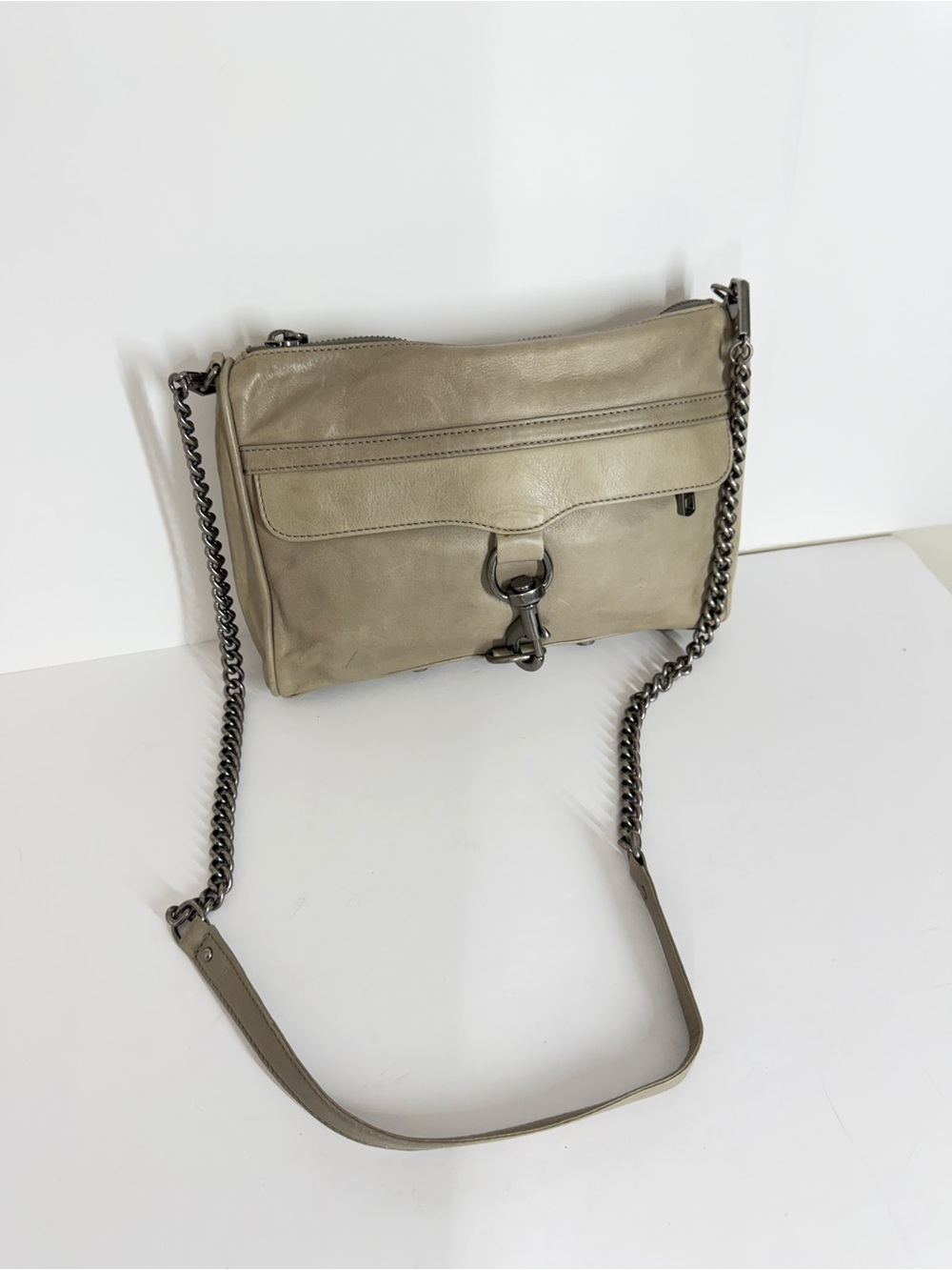 Rebecca Minkoff Womens MAC Leather Crossbody Bag Grey Taupe Chain Casual Edgy